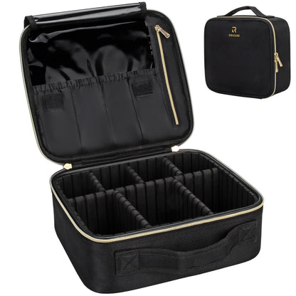 Relavel Travel Makeup Train Case Makeup Cosmetic Case Organizer Portable Artist Storage Bag with Adjustable Dividers for Cosmetics Makeup Brushes Toiletry Jewelry Digital Accessories Black