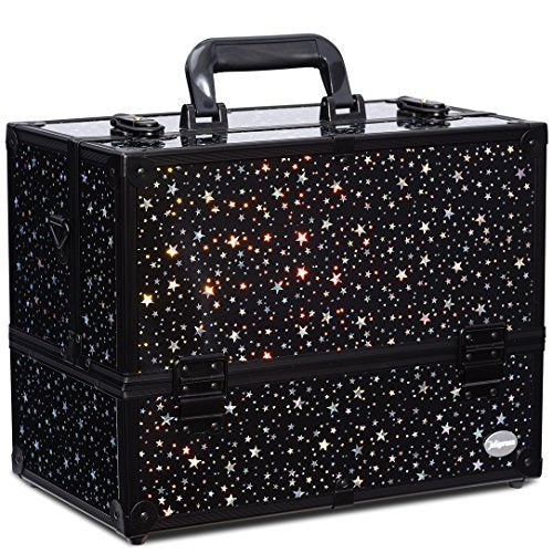 Joligrace Makeup Train Case Professional Adjustable - 6 Trays Cosmetic Cases Makeup Storage Organizer Box with Lock and Compartments 14 Inch Large Black