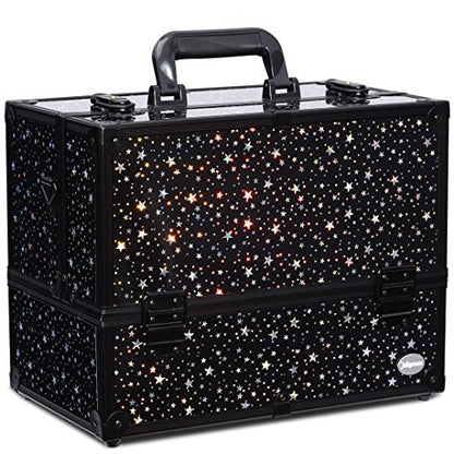 Joligrace Makeup Train Case Professional Adjustable - 6 Trays Cosmetic Cases Makeup Storage Organizer Box with Lock and Compartments 14 Inch Large Black