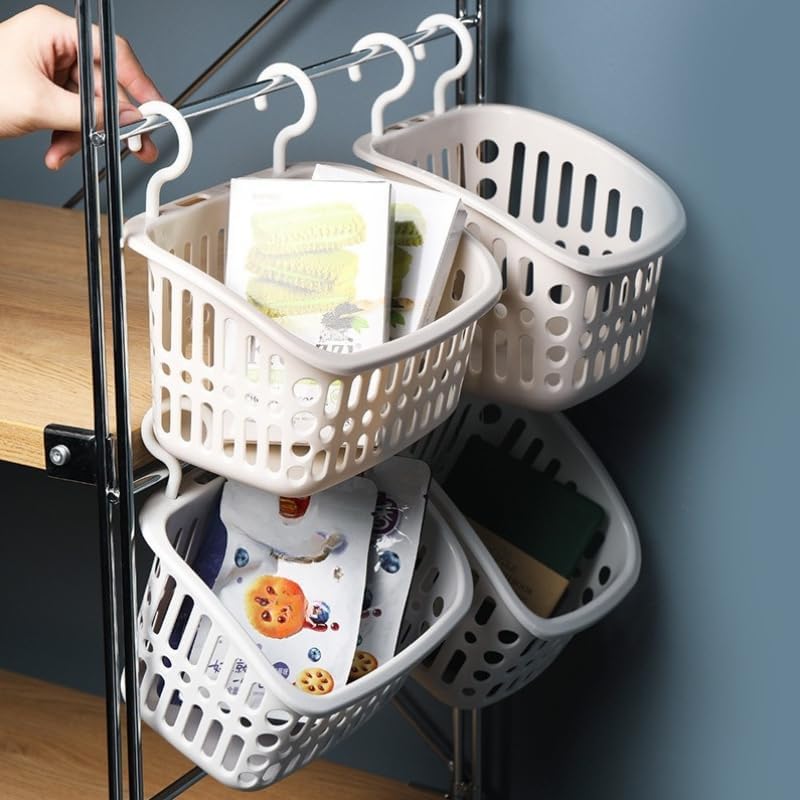 Hanging Bathroom Storage Basket – Wall-Mounted Plastic Organizer Bin for Toiletries, Makeup, Kitchen & More – Small Rectangle & Square – Beige & Gray White Options (Gray White, Small Square)