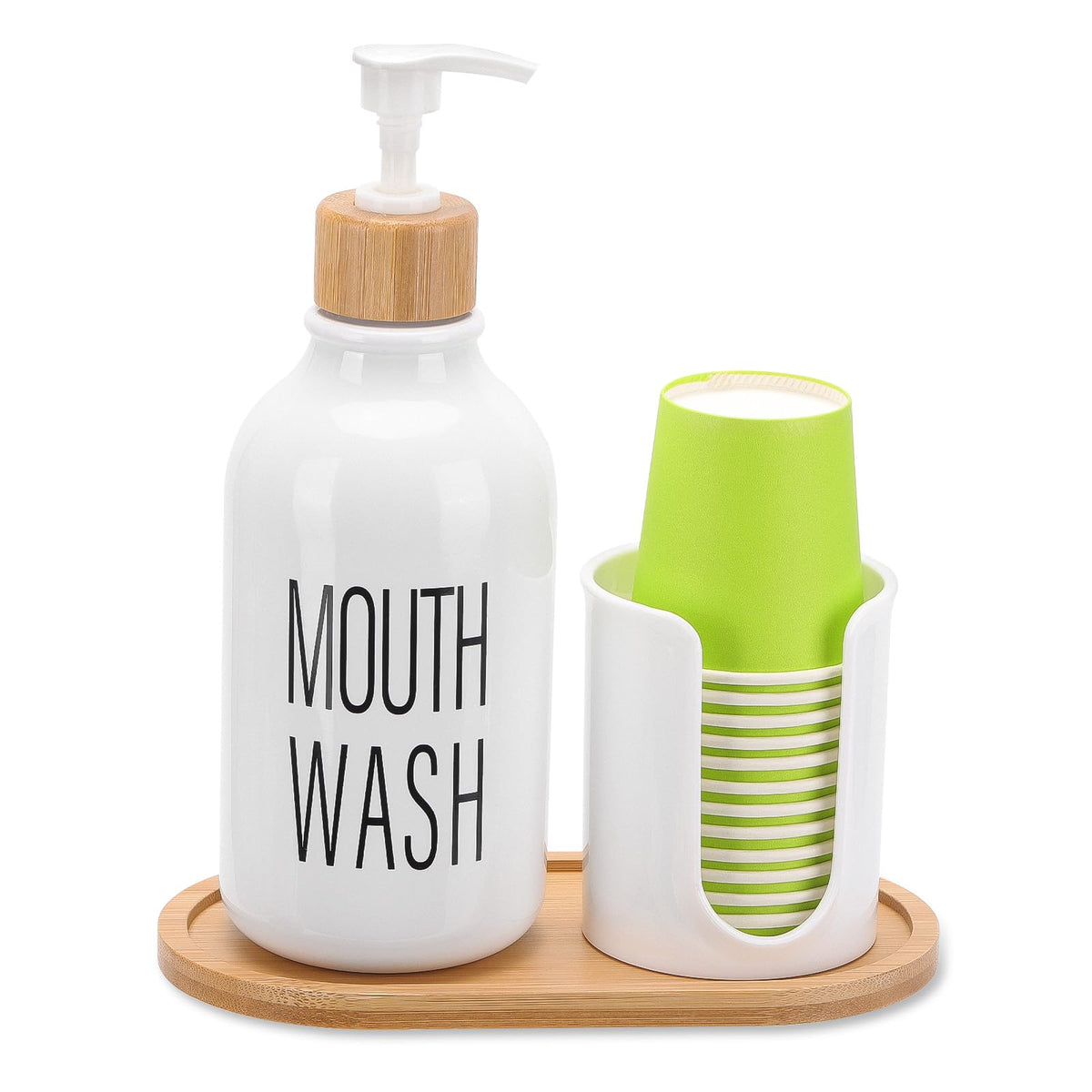 Mouthwash Dispenser with Cup Holder, Plastic Mouth Wash Pump Bottle with Tray for Bathroom Organizers, 17oz Refillable Clear Mouthwash Container - Bamboo