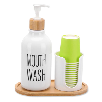 Mouthwash Dispenser with Cup Holder, Plastic Mouth Wash Pump Bottle with Tray for Bathroom Organizers, 17oz Refillable Clear Mouthwash Container - Bamboo