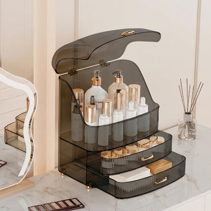 Makeup Organizer Countertop Vanity with Transparent Lid Drawers Waterproof Dustproof Cosmetic Skincare Bathroom Storage Gift for Women Teens Girls (Clear Black)