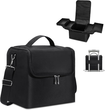 Large Makeup Carrying Train Case for Women, 4 Tier Travel Bag Box, Black