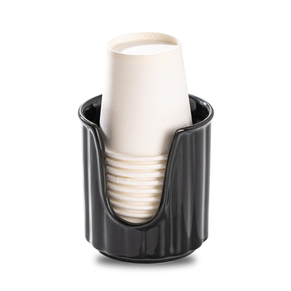 TANEW Ceramic Bathroom Cup Dispenser with Stylish Vertical Stripes - Dixie Cup Dispenser & Mouthwash Cup Holder Holds 3oz Paper Cups for Rinsing Cups on Bathroom Vanity Countertops Glossy Black