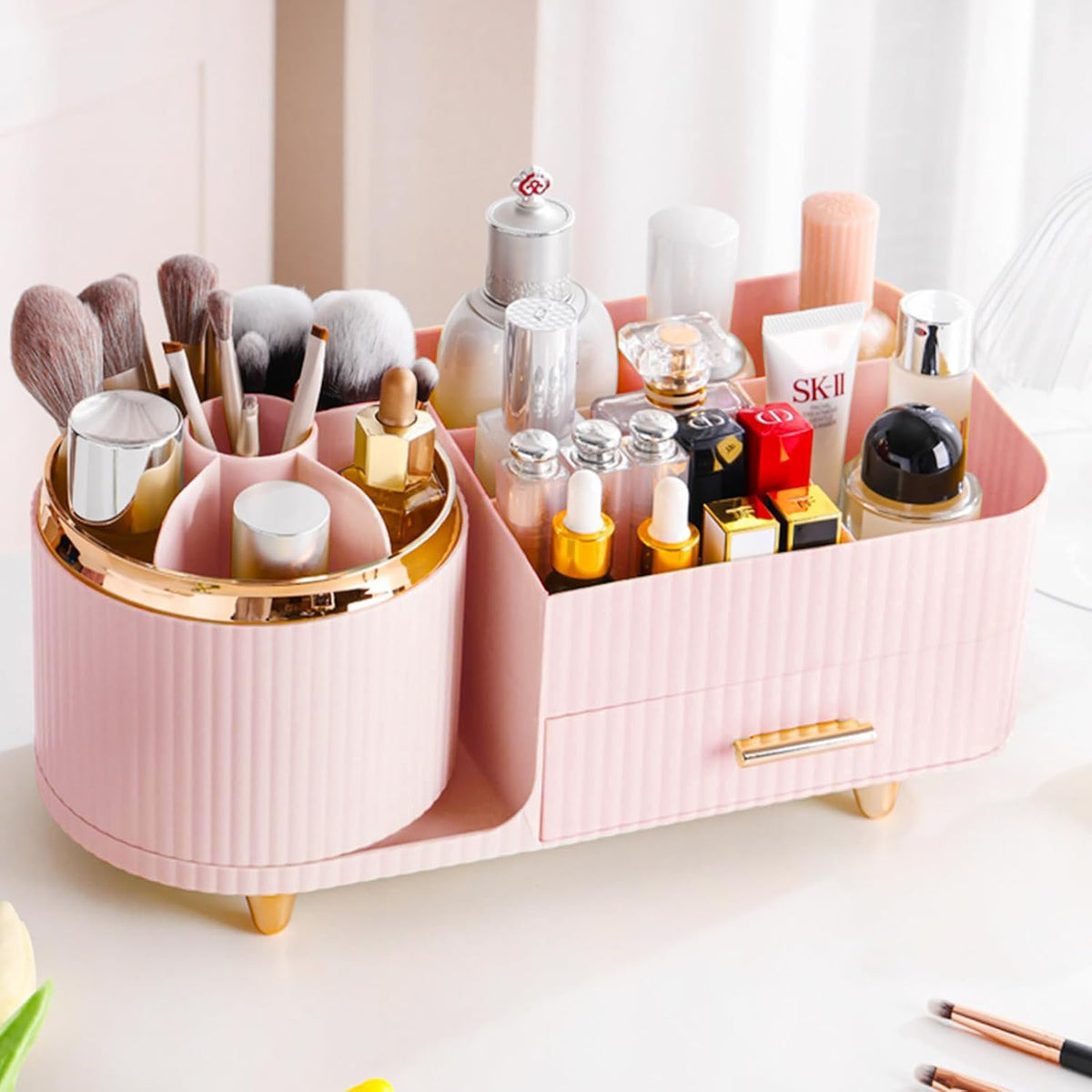 Rotating Makeup Organizer for Vanity with Brush Holder, Cosmetic Makeup Storage Organizer, Large Spinning Makeup Skincare Organizer, Countertop Makeup Perfume Organizer, Lotions Display Case Red