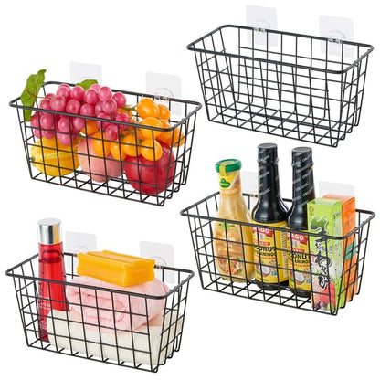 JUNCHU CHERRY 2 Pack Hanging Storage Basket, Bathroom Basket, Household Goods, with Traceless Tape, no Drilling, for Cabinet Storage, Kitchen, Bathroom, Storage Room,Black