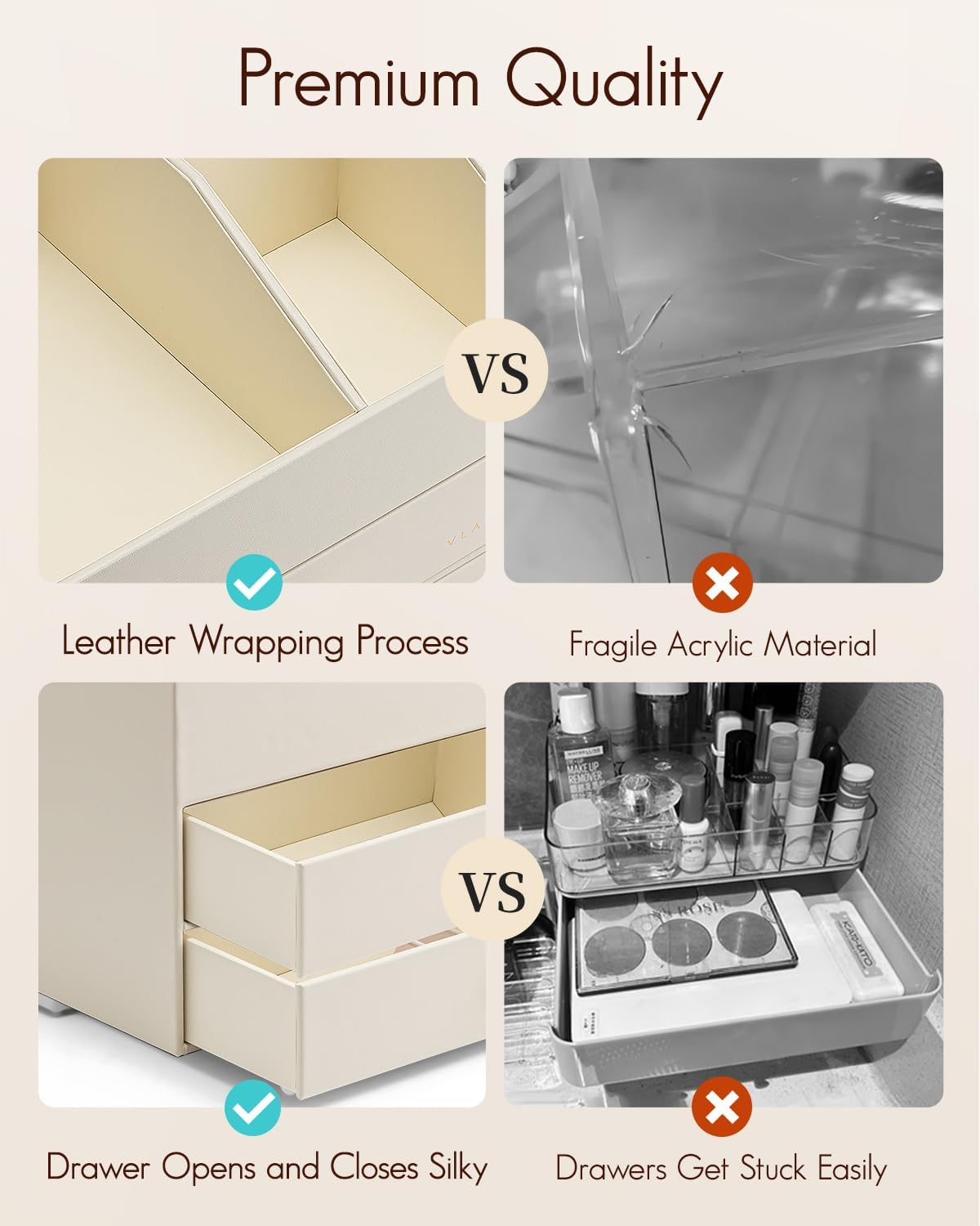 VLANDO 3-Layer Makeup Organizer with 2 Large Drawers for Vanity,Beige