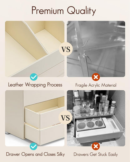 VLANDO 3-Layer Makeup Organizer with 2 Large Drawers for Vanity,Beige