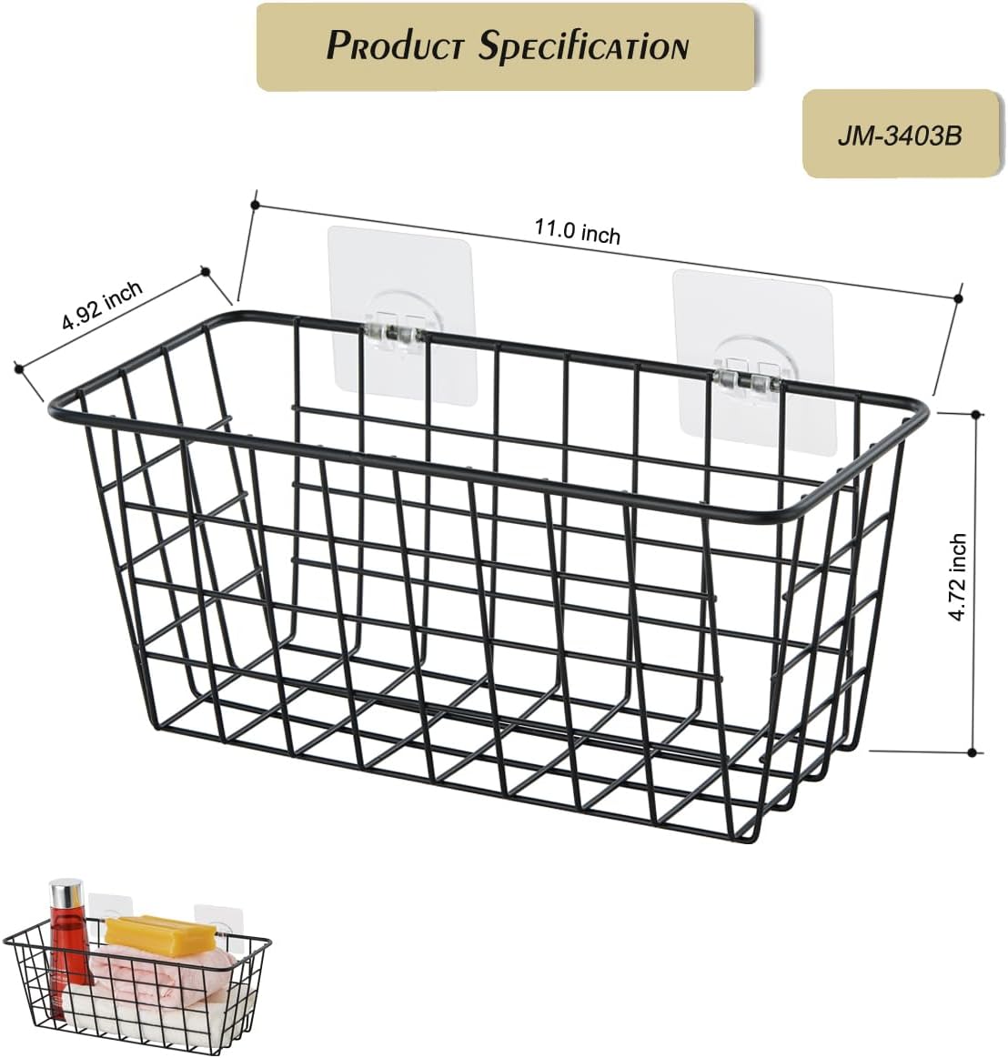 JUNCHU CHERRY 2 Pack Hanging Storage Basket, Bathroom Basket, Household Goods, with Traceless Tape, no Drilling, for Cabinet Storage, Kitchen, Bathroom, Storage Room,Black