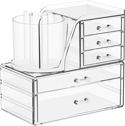 Clear Acrylic Makeup Organizers for Vanity,Countertop,3 Pack Make up Drawer Organizer With Makeup Brush Holder,Plastic Skincare Organizers for Hair Accessories,Beauty,Hair Products,Bathroom,Dresser