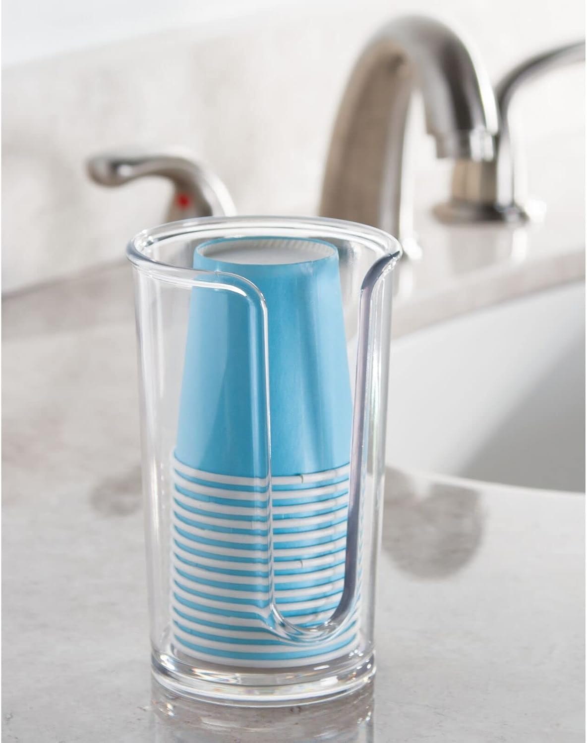 mDesign Small Plastic Paper Cup Dispenser - Compact Storage Holder for Mouthwash Cups on Bathroom Vanity Countertops, 3 oz. Rinsing Cups Included - Lumiere Collection - Clear