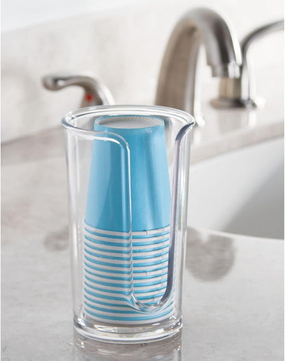 mDesign Small Plastic Paper Cup Dispenser - Compact Storage Holder for Mouthwash Cups on Bathroom Vanity Countertops, 3 oz. Rinsing Cups Included - Lumiere Collection - Clear