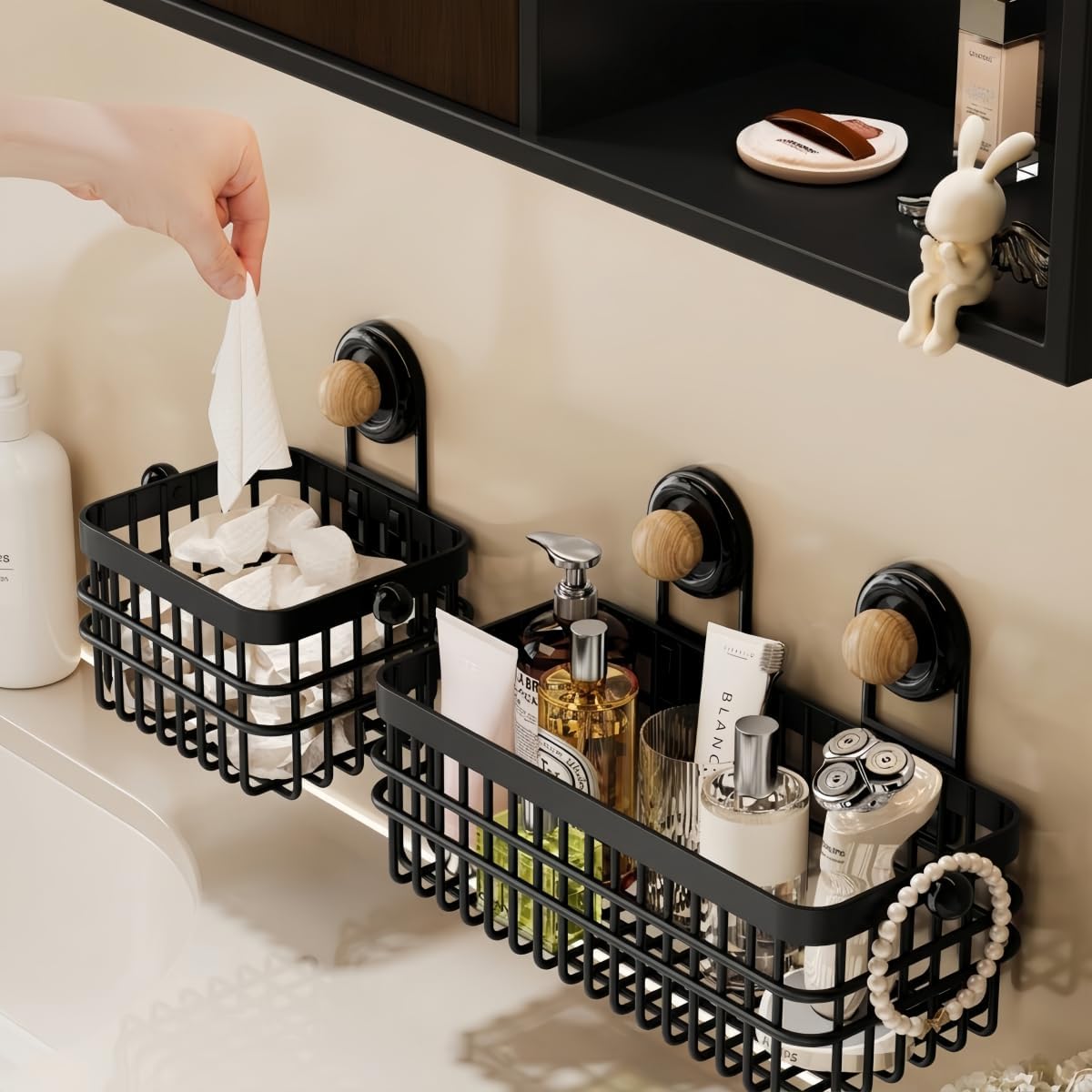Drill-Free Wall Mount Storage Basket, 11"x4.6"x3.9" Adhesive Mount Organizer for Kitchen & Bathroom, Waterproof Cotton Facial Tissue Holder for Counter (Black)