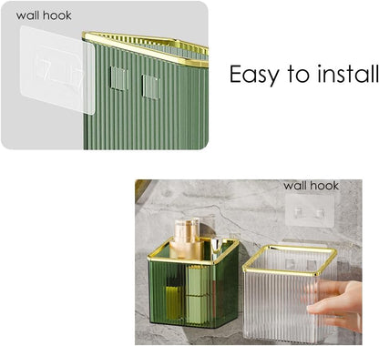 Adhesive Wall Shelves No Drill Hanging Organizer - Plastic Floating Storage Bins for Kitchen,Bathroom,Office - Makeup and Home Goods Mountable Shelf (Green and Gold)