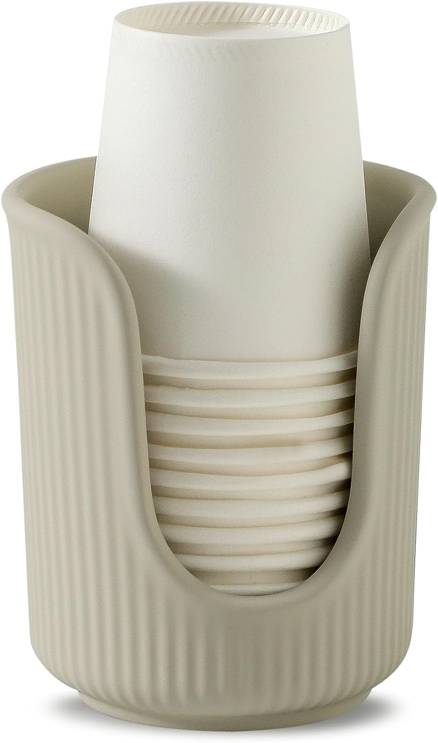 Dobbyby Ceramic Bathroom Cup Dispenser with Stylish Vertical Stripes - Disposable Mouthwash Cup Holder Holds 3-4oz Paper Cups for Rinsing Cups on Bathroom Vanity Countertops (Matte Beige)