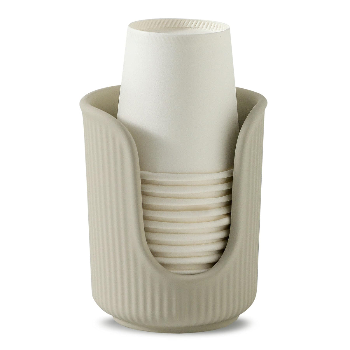 Dobbyby Ceramic Bathroom Cup Dispenser with Stylish Vertical Stripes - Disposable Mouthwash Cup Holder Holds 3-4oz Paper Cups for Rinsing Cups on Bathroom Vanity Countertops (Matte Beige)