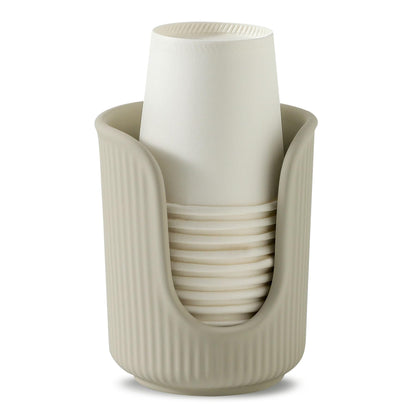 Dobbyby Ceramic Bathroom Cup Dispenser with Stylish Vertical Stripes - Disposable Mouthwash Cup Holder Holds 3-4oz Paper Cups for Rinsing Cups on Bathroom Vanity Countertops (Matte Beige)