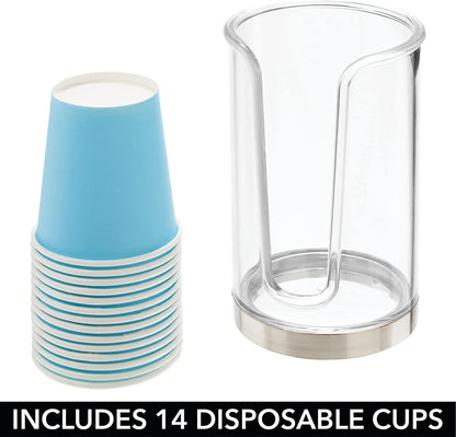 mDesign Plastic Small Compact Disposable Paper Cup Dispenser, Mouthwash Rinsing Cups Storage Holder for Bathroom Vanity Countertops, Makeup Table, Powder Room, Lumiere Collection, Clear/Brushed Chrome