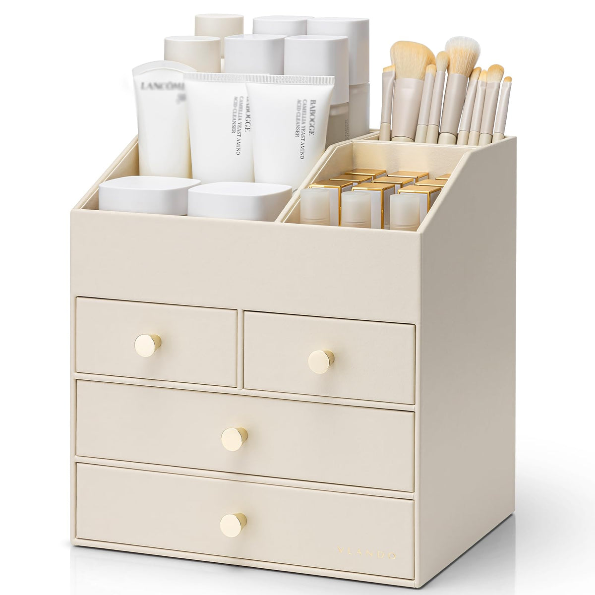 VLANDO 3-Layer Makeup Organizer with 2 Large Drawers for Vanity,Beige