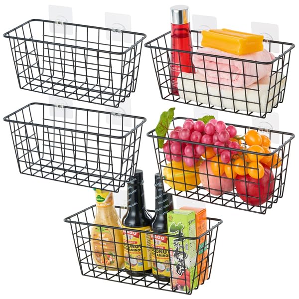 JUNCHU CHERRY 2 Pack Hanging Storage Basket, Bathroom Basket, Household Goods, with Traceless Tape, no Drilling, for Cabinet Storage, Kitchen, Bathroom, Storage Room,Black