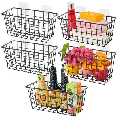 JUNCHU CHERRY 2 Pack Hanging Storage Basket, Bathroom Basket, Household Goods, with Traceless Tape, no Drilling, for Cabinet Storage, Kitchen, Bathroom, Storage Room,Black