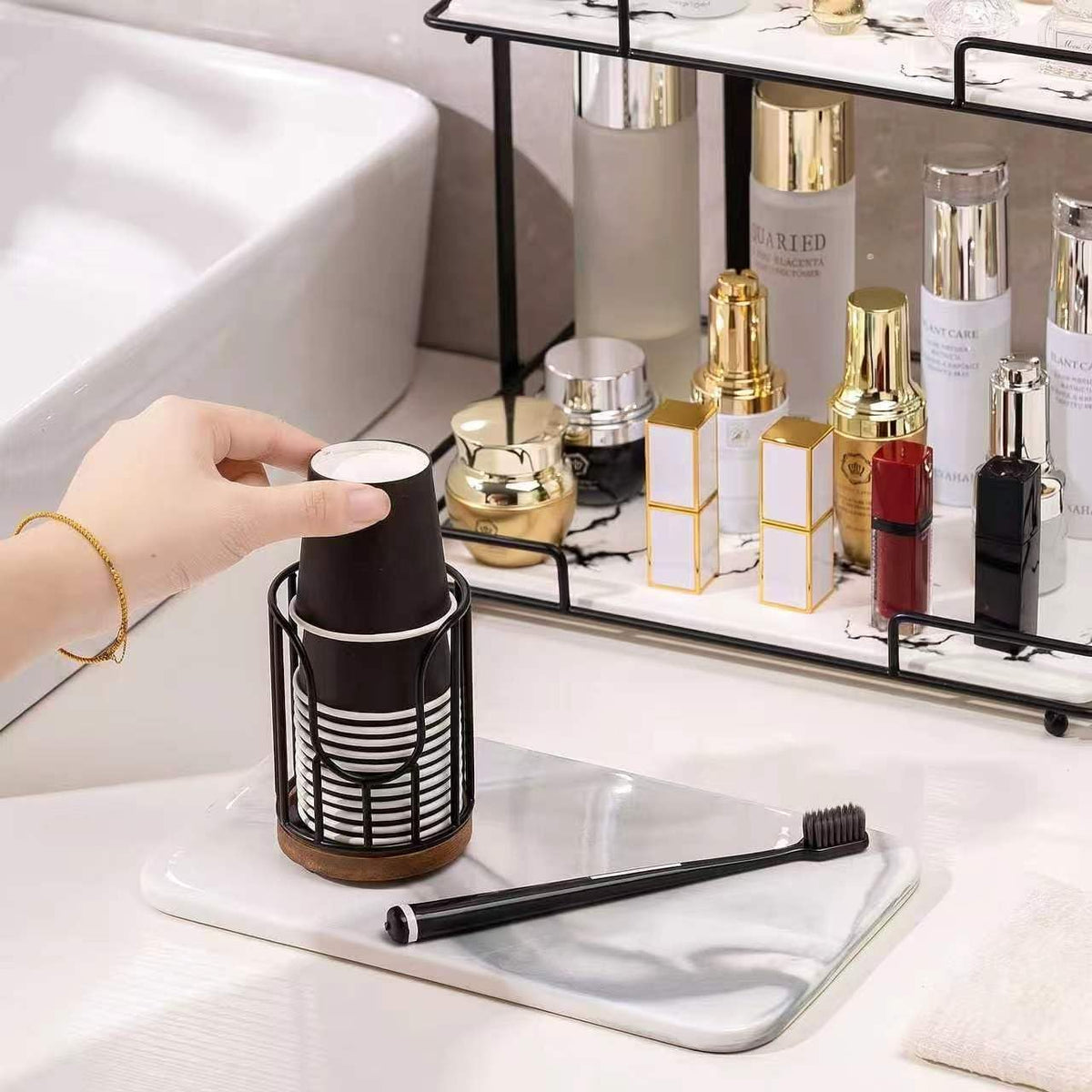 Bathroom Cup Dispenser with Acacia Wood Stand - Essential Bathroom Accessories for Toothbrush Holders & Mouthwash Cup Dispenser on Vanity Countertops Black