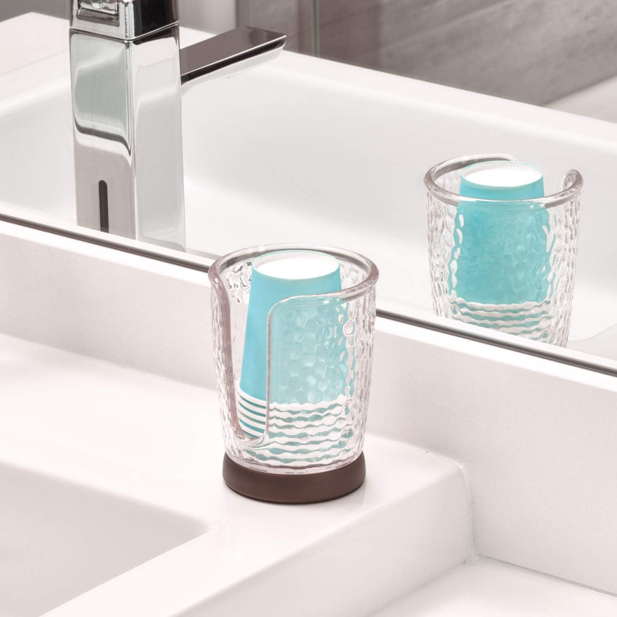 iDesign Rain Disposable Paper and Plastic Cup Dispenser Holder for Master, Guest, Kids' Bathroom Vanity and Countertops, 3.10" x 3.10" x 4", Clear and Bronze