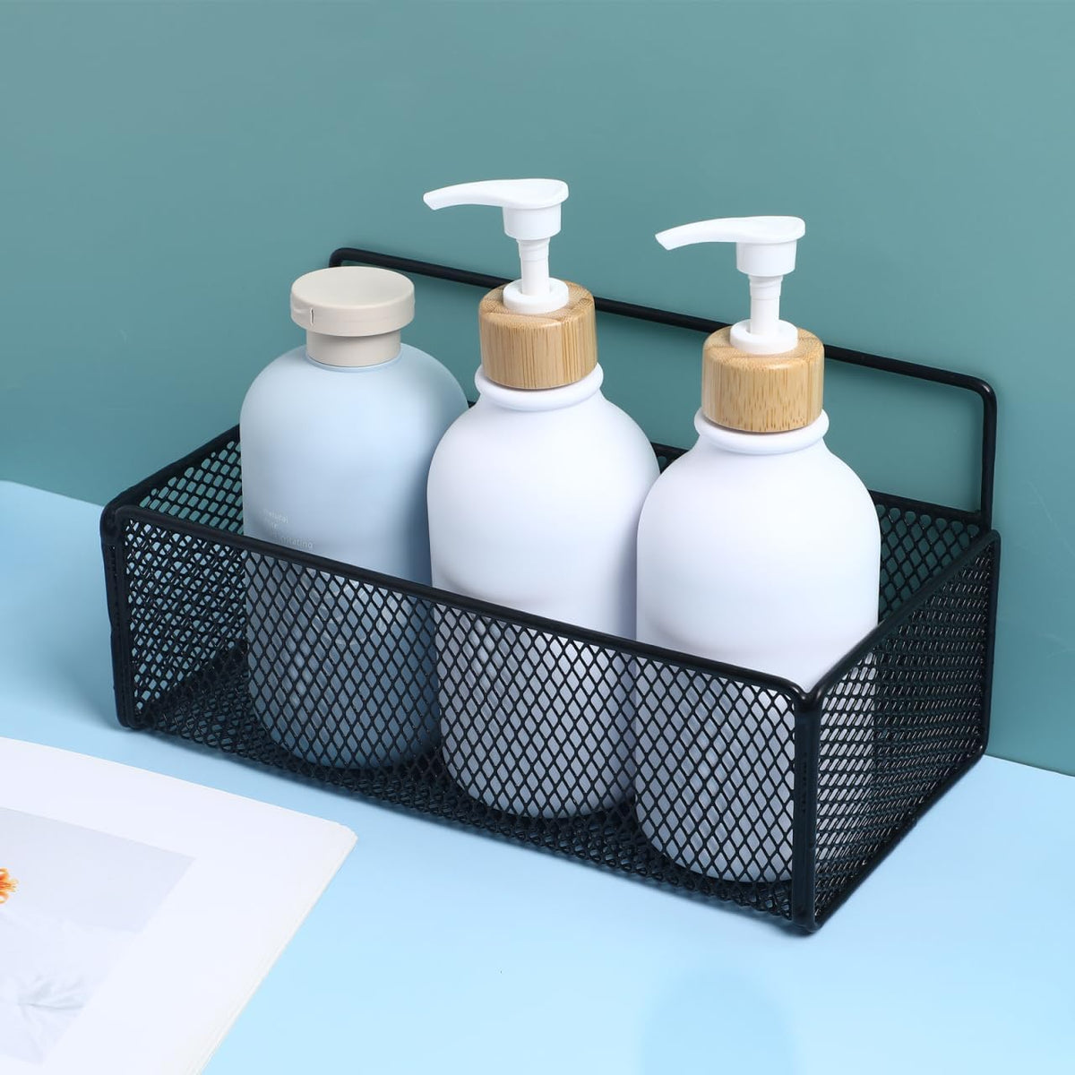 OSALADI Wall Mounted Mesh Basket Bathroom Wall Mount Basket Storage Shelf 10.23X5.90X5.11In Punch-Free Hanging Rack with Adhesive Hooks for Kitchen Bathroom Organization