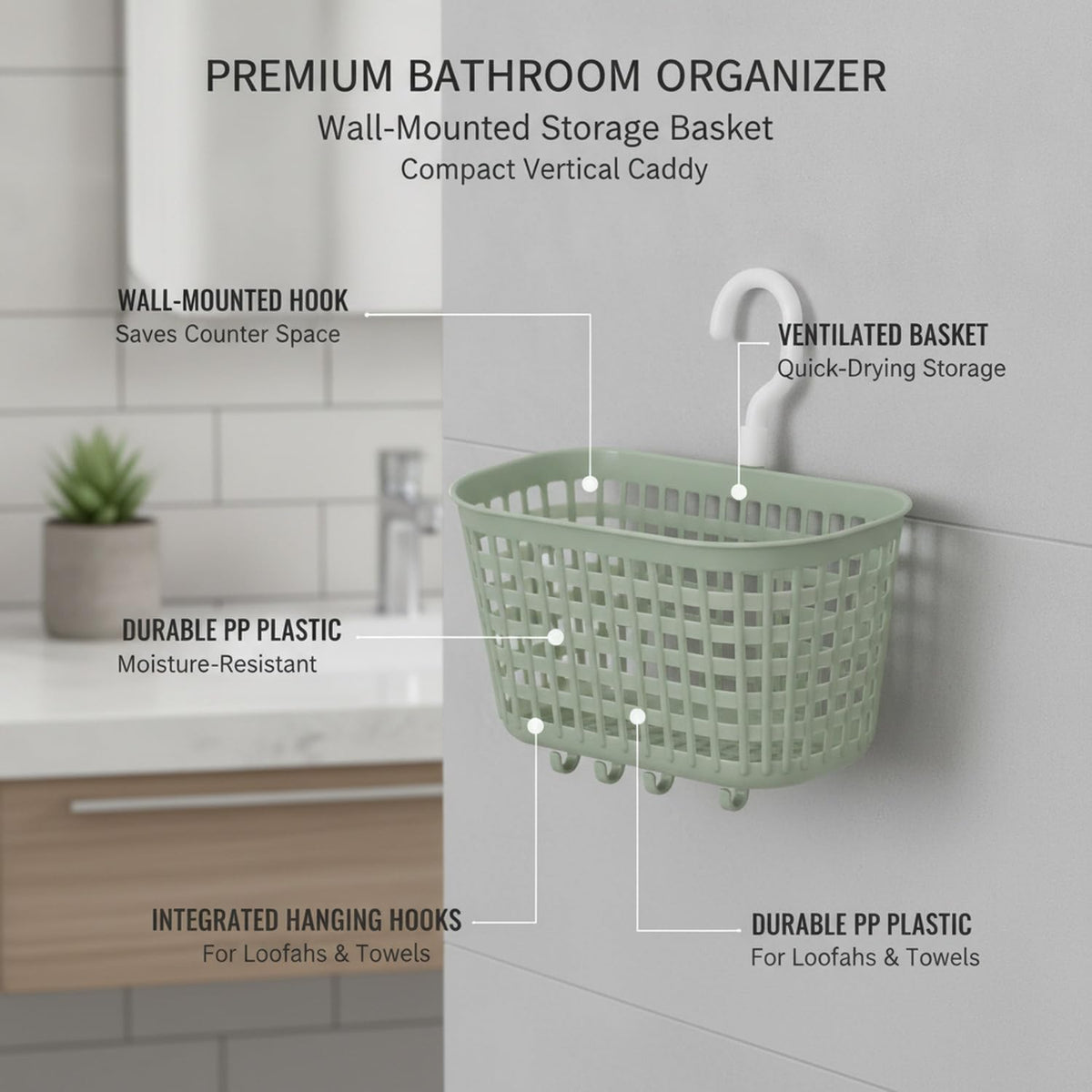 Wall-Mounted Bathroom Storage Basket with Hooks, Compact PP Plastic Shower Caddy for Toiletries and Vanity Organization (1 Pack)