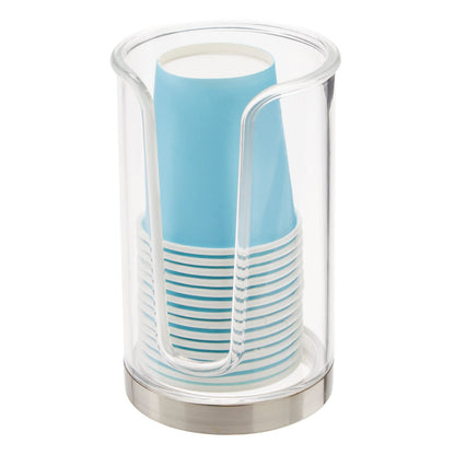 mDesign Plastic Small Compact Disposable Paper Cup Dispenser, Mouthwash Rinsing Cups Storage Holder for Bathroom Vanity Countertops, Makeup Table, Powder Room, Lumiere Collection, Clear/Brushed Chrome