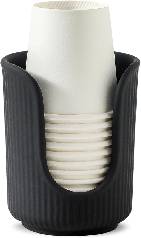 Dobbyby Ceramic Bathroom Cup Dispenser with Stylish Vertical Stripes - Disposable Mouthwash Cup Holder Holds 3-4oz Paper Cups for Rinsing Cups on Bathroom Vanity Countertops (Matte Black)