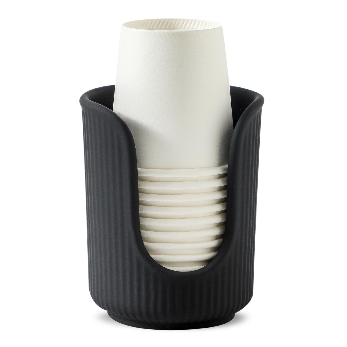 Dobbyby Ceramic Bathroom Cup Dispenser with Stylish Vertical Stripes - Disposable Mouthwash Cup Holder Holds 3-4oz Paper Cups for Rinsing Cups on Bathroom Vanity Countertops (Matte Beige)