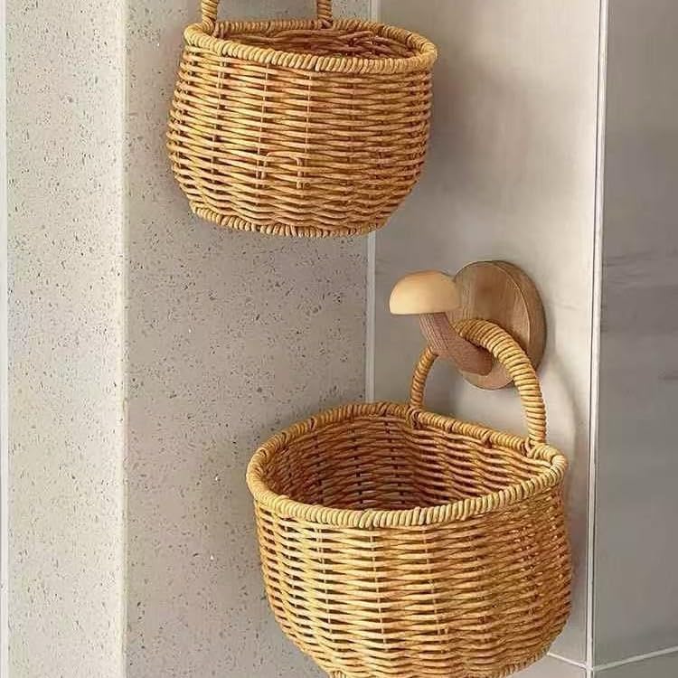 2 Pack Rattan Hanging Storage Baskets Wall Organizer for Kitchen Bathroom