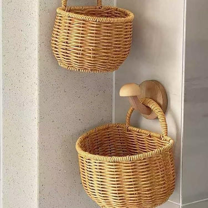 2 Pack Rattan Hanging Storage Baskets Wall Organizer for Kitchen Bathroom