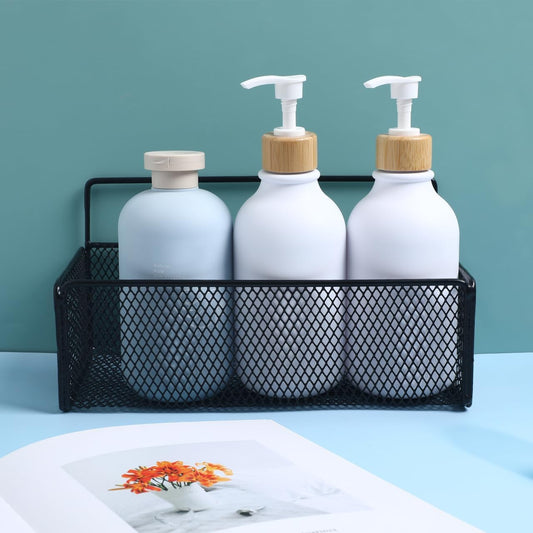 OSALADI Wall Mounted Mesh Basket Bathroom Wall Mount Basket Storage Shelf 10.23X5.90X5.11In Punch-Free Hanging Rack with Adhesive Hooks for Kitchen Bathroom Organization
