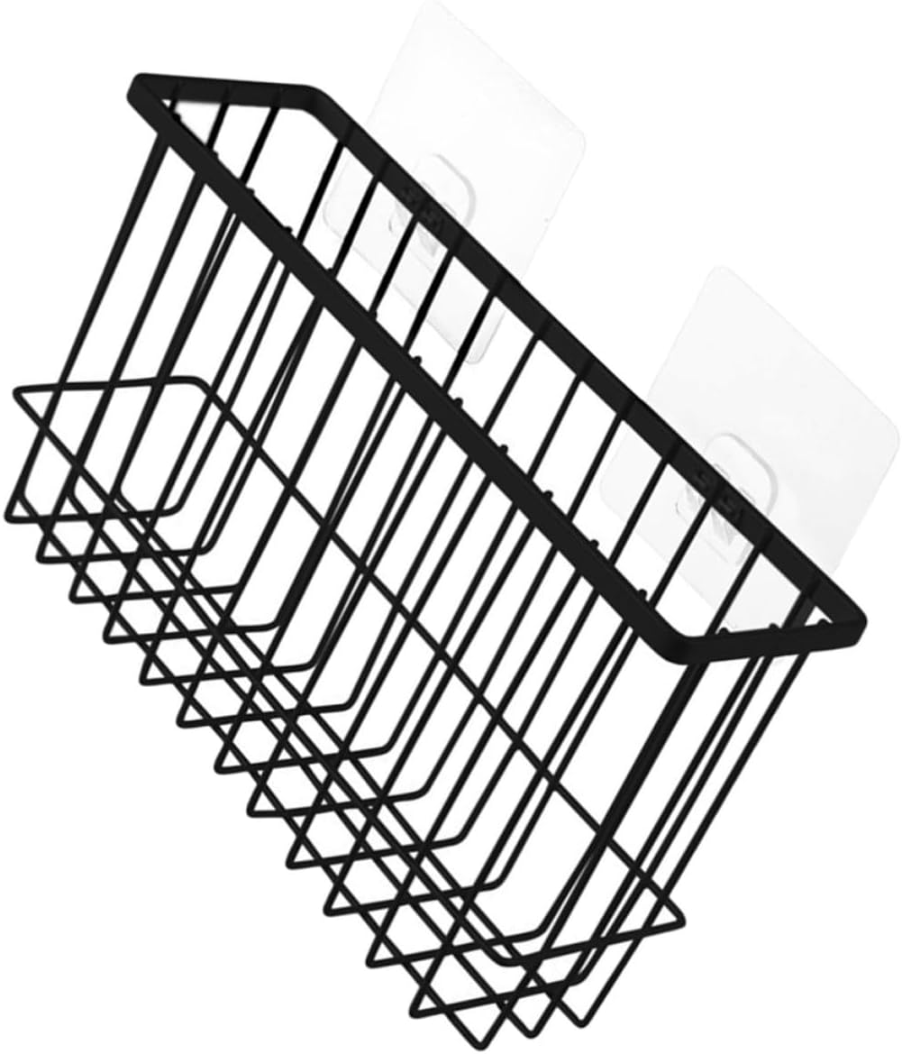 Iron Wall-Mounted Storage Basket with Nail-Free Design, Black Iron Wire Hanging Organizer for Bathroom and Office, Convenient Small Wall Storage Shelf for Toiletries and Sundries