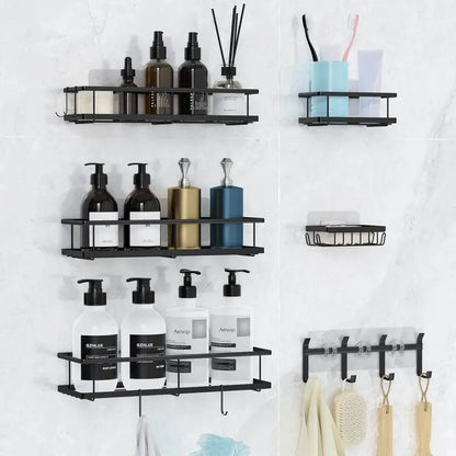 6-Pack Adhesive Bathroom Organizer Shelves, Rustproof Stainless Steel Shower Caddy with Hooks & Soap Dish, No Drilling Wall Mounted Storage Baskets for Bathroom, Kitchen & Toilet, Black