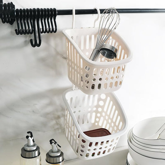 Hanging Bathroom Storage Basket – Wall-Mounted Plastic Organizer Bin for Toiletries, Makeup, Kitchen & More – Small Rectangle & Square – Beige & Gray White Options (Gray White, Small Square)