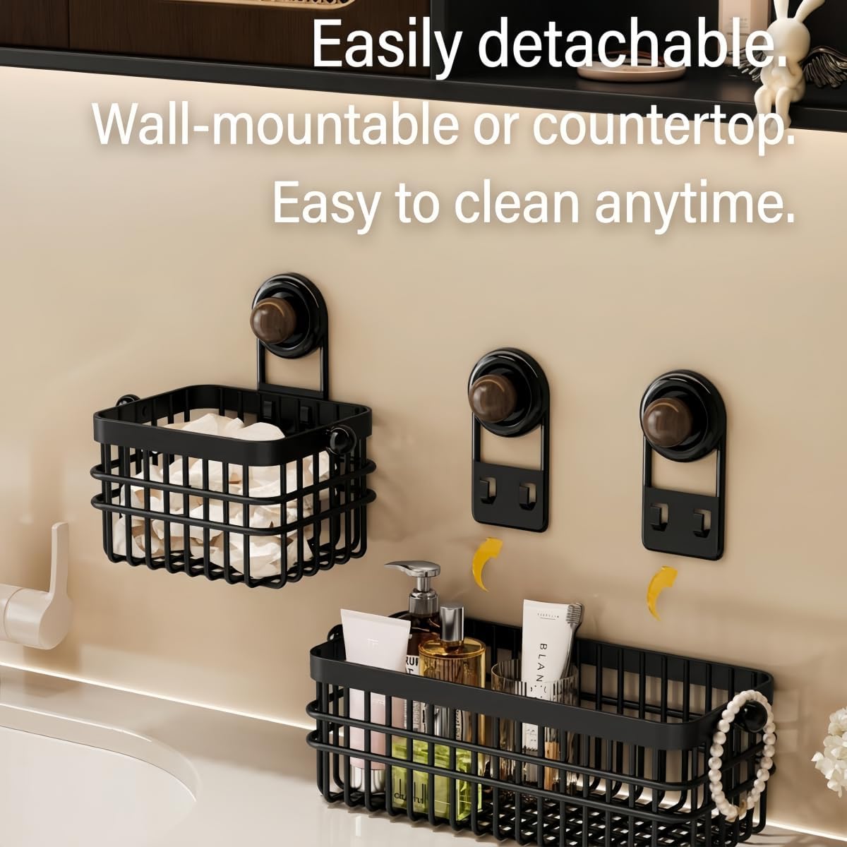 Drill-Free Wall Mount Storage Basket, 11"x4.6"x3.9" Adhesive Mount Organizer for Kitchen & Bathroom, Waterproof Cotton Facial Tissue Holder for Counter (Black)