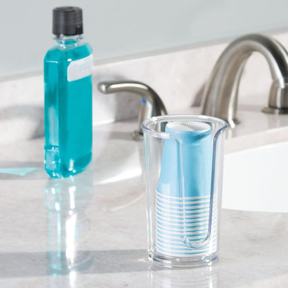 mDesign Small Plastic Paper Cup Dispenser - Compact Storage Holder for Mouthwash Cups on Bathroom Vanity Countertops, 3 oz. Rinsing Cups Included - Lumiere Collection - Clear