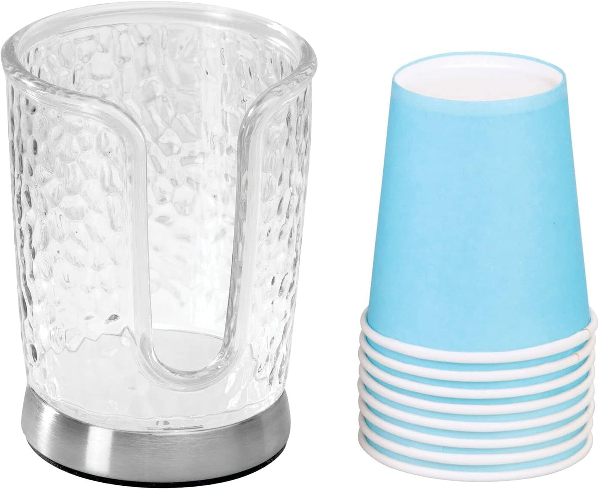 mDesign Plastic/Steel Compact Small Disposable Paper Cup Dispenser Storage Holder for Rinsing Cups on Bathroom Vanity Countertops - Rain Collection - Clear/Brushed