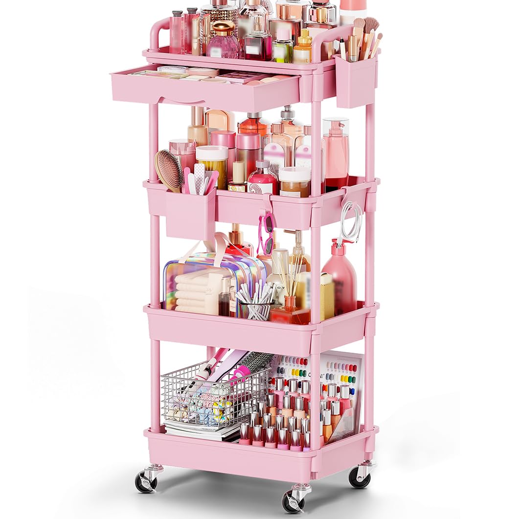 Goovilla Rolling Makeup Organizer Cart with Removable Drawer, 3 Tier Pink