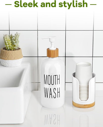 Bathroom Cup Dispenser - Small Cup Holder for Dixie 3 oz Bathroom Cups, Mouthwash Cups, 3 4 Ounce Cup Dispenser - PC/Bamboo, White, Pack of 1