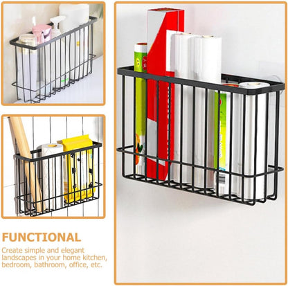 Iron Wall-Mounted Storage Basket with Nail-Free Design, Black Iron Wire Hanging Organizer for Bathroom and Office, Convenient Small Wall Storage Shelf for Toiletries and Sundries