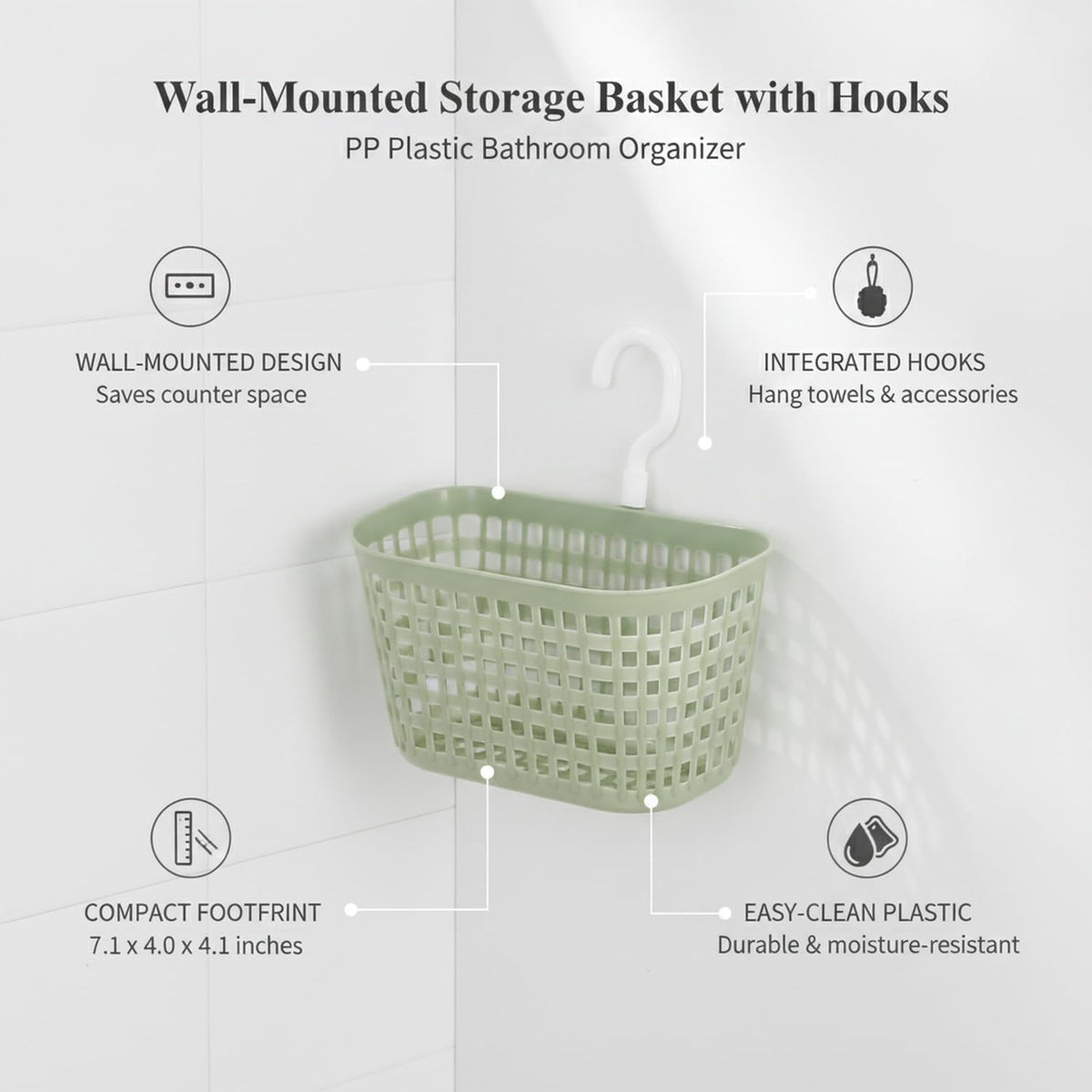 Wall-Mounted Bathroom Storage Basket with Hooks, Compact PP Plastic Shower Caddy for Toiletries and Vanity Organization (1 Pack)