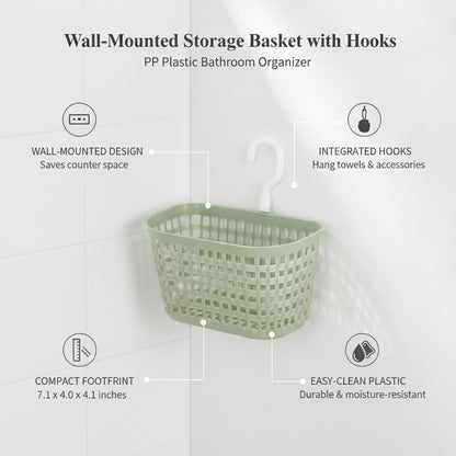Wall-Mounted Bathroom Storage Basket with Hooks, Compact PP Plastic Shower Caddy for Toiletries and Vanity Organization (1 Pack)