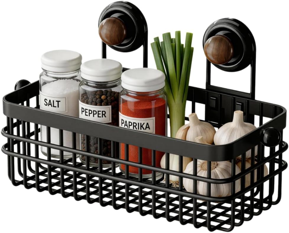 Drill-Free Wall Mount Storage Basket, 11"x4.6"x3.9" Adhesive Mount Organizer for Kitchen & Bathroom, Waterproof Cotton Facial Tissue Holder for Counter (Black)