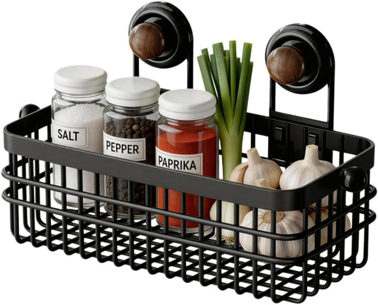 Drill-Free Wall Mount Storage Basket, 11"x4.6"x3.9" Adhesive Mount Organizer for Kitchen & Bathroom, Waterproof Cotton Facial Tissue Holder for Counter (Black)