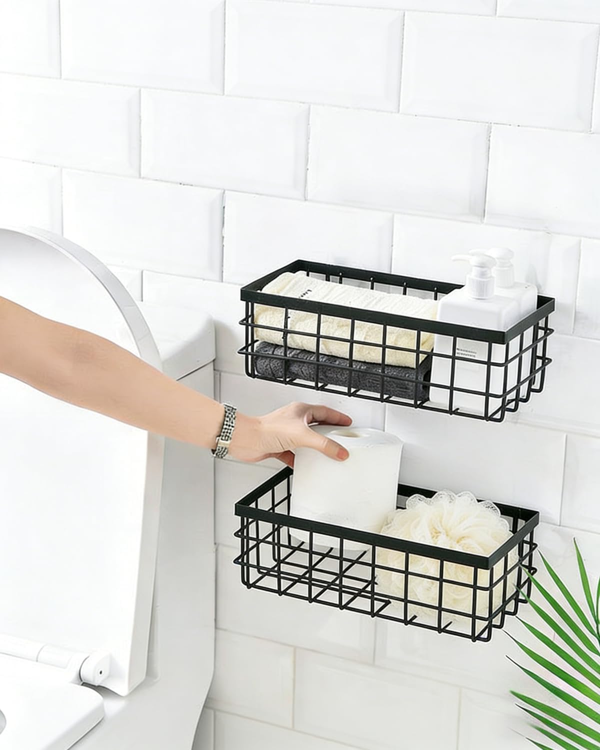 2 PCS Slim Hanging Wire Wall Basket for Bathroom, No Drill, Black